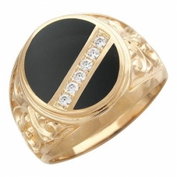 Мужское кольцо из красного золота с ониксом, фианитом