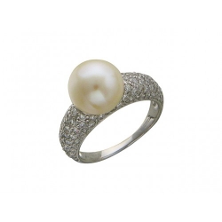 Женское кольцо из белого золота c кремовым жемчугом, фианитом