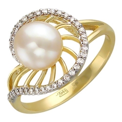 Женское кольцо из желтого золота c белым жемчугом, бриллиантом
