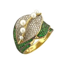 Женское кольцо Растительное из желтого золота c белым жемчугом, цаворитом, бриллиантом