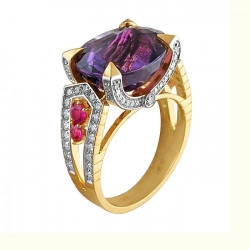 Женское кольцо из желтого золота c аметистом, бриллиантом, рубином