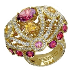 Кольцо из желтого золота с цветными камнями