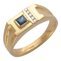Мужское кольцо из золота с бриллиантом, сапфиром
