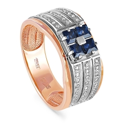 Мужское кольцо из красного золота 585 пробы с бриллиантами и сапфирами
