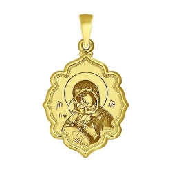 Подвеска из желтого золота с лазерной обработкой и эмалью Икона Божьей Матери Владимирская