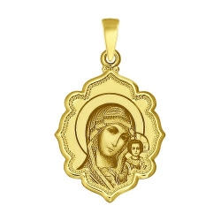 Подвеска из желтого золота с лазерной обработкой и эмалью Икона Божьей Матери Казанская