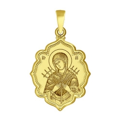 Подвеска из желтого золота с лазерной обработкой и эмалью Икона Божьей Матери Семистрельная