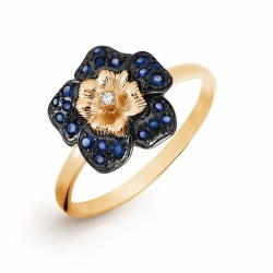 Золотое кольцо Цветок с сапфирами, бриллиантом