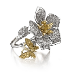 Кольцо Цветок из белого золота с желтыми сапфирами, бриллиантами
