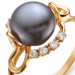 Т108013538 золотое кольцо с черным жемчугом и фианитами