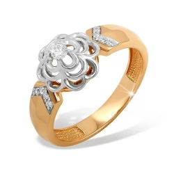 Кольцо из красного золота 585 с 9  бриллиантами, 0,102 карат, розочка 