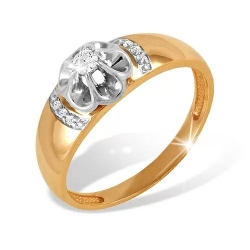 Кольцо из красного золота 585 с 7  бриллиантами, 0,094 карат, розочка 