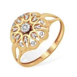 Кольцо из красного золота 585 с 23  бриллиантами, 0,102 карат, фантазийное, цветочек 