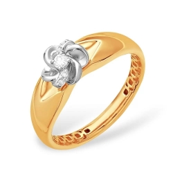 Кольцо из красного золота 585 с 5  бриллиантами, 0,078 карат, цветочек 