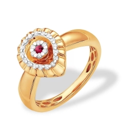 Кольцо из красного золота 585 с бриллиантами, рубинами ГТ, малинка, фактурное 