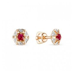 Серьги-гвоздики из красного золота с рубином и бриллиантом