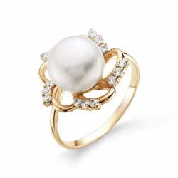 Золотое кольцо Цветок с белым жемчугом, фианитами