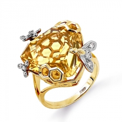 Кольцо из желтого золота с кварцем и бриллиантом