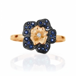 Золотое кольцо Цветок с сапфирами, бриллиантом