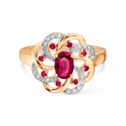Т141017795 золотое кольцо цветок с рубинами, бриллиантами