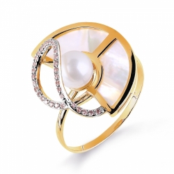 Золотое кольцо с белым жемчугом, перламутрами, фианитами