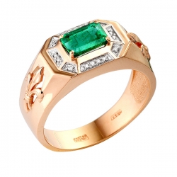 Мужское золотое кольцо с крупным изумрудом огранки октагон и бриллиантами