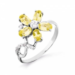 Кольцо Цветок из белого золота с цитринами, фианитами