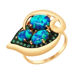 Кольцо из золота с синими опалами и зелеными фианитами