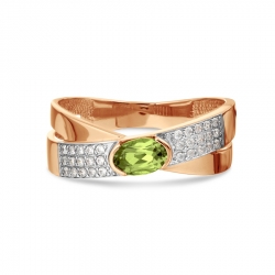 Т147018023 золотое кольцо с хризолитом и фианитами