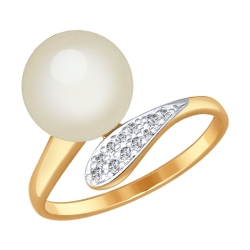 Женское золотое кольцо (Жемчуг пресноводный, Фианит) SOKOLOV