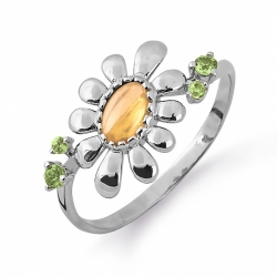 Кольцо Цветок из белого золота с хризолитами, цитрином
