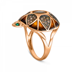 Кольцо «Черепаха» из красного золота с кварцем дымчатым, фианитами и эмалью