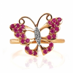 Золотое кольцо Бабочка с рубинами, бриллиантами