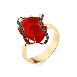Кольцо со вставками опал красный, бриллиант черный