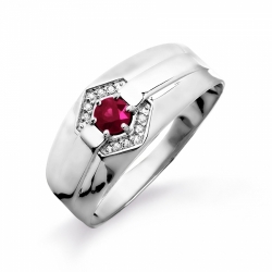 Мужское кольцо из белого золота с рубином и бриллиантом