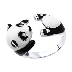 Кольцо Панда из серебра с эмалью и фианитами