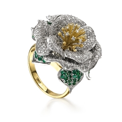 Кольцо Цветок из желтого золота с изумрудом, бриллиантами
