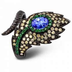 Кольцо с бриллиантами, зелёными гранатами и танзанитом из чёрного золота