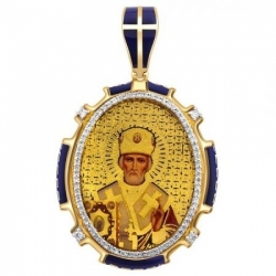 Подвеска-кулон образ Николай Чудотворец из комбинированного золота с бриллиантами