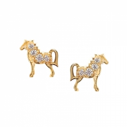 Детские cерьги Лошадки из желтого золота с фианитами