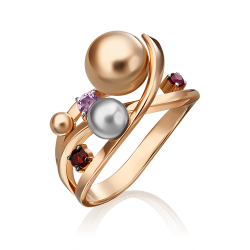 Кольцо «Кометы» из комбинированного золота c аметистом и гранатами