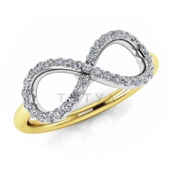 Модное кольцо в виде символа бесконечности  с муассанитами из золота двух цветов