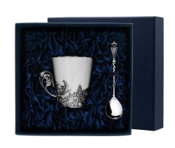 Набор чайная чашка "Тетерев": ложка, чашка (Серебро 925)