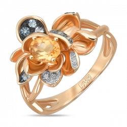 Золотое кольцо Цветок c топазами, цитрином и бриллиантами