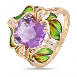 Золотое кольцо Цветок c аметистом, бриллиантами и эмалью
