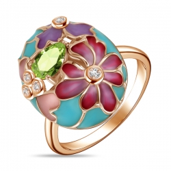 Золотое кольцо с цветами c бриллиантами, эмалью и перидотом