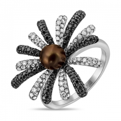 Кольцо Цветок из белого золота c бриллиантами и коричневым жемчугом Черные бриллианты