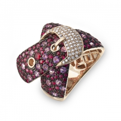 Золотое кольцо в виде ремня c бриллиантами, рубинами и сапфирами