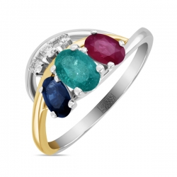 Кольцо из белого золота c бриллиантами, изумрудом, рубином и сапфиром