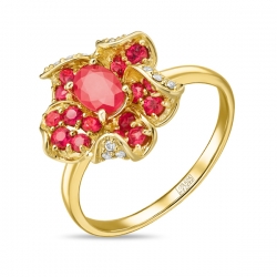 Кольцо Цветок из желтого золота c бриллиантами и рубинами